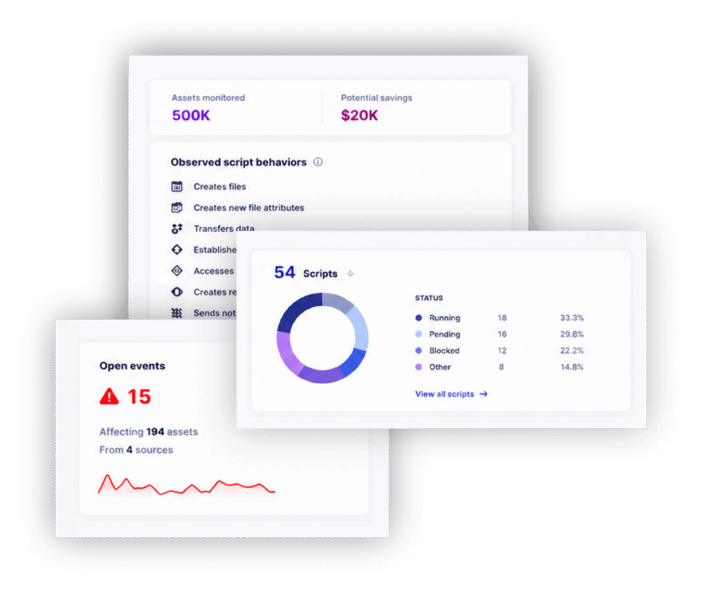 Three screenshots showing Source Defense product